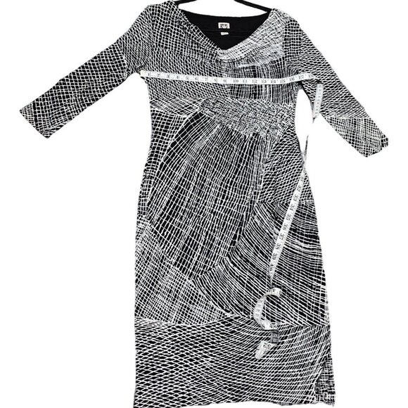Anne Klein Size 6 Black & White Abstract Print Sheath Dress With Draped Neckline - Picture 5 of 8